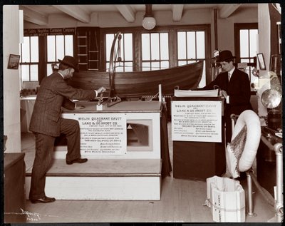 Exhibit of life boats by the Welin Quadrant Davit Co. and Lane und De Groot Co. at the Museum of Safety Appliances of the American Institute of Social Service, New York, 1908 by Byron Company
